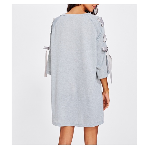 🔥LAST ONEGrey 3/4 Sleeve Lace Up Casual Tee Dress - Picture 4 of 4